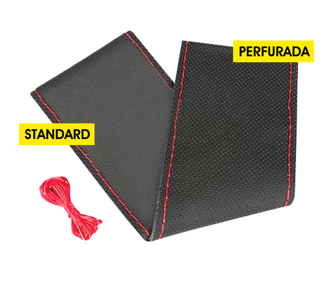 CAPA / PROTEÇÃO DE VOLANTE CARRO PELE STANDARD PRETA COSTURA VERMELHA
