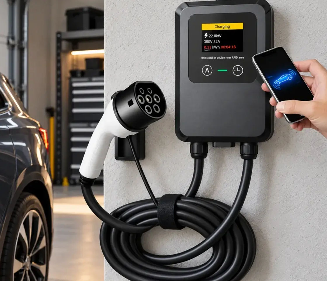 CARREGADOR CARRO ELÉTRICO / ESTAÇÃO CARGA 32A / 7KW / 10M / LCD / TIPO 2 / SEM FICHA COMPATÍVEL NFC E CARTÕES MAGNÉTICOS