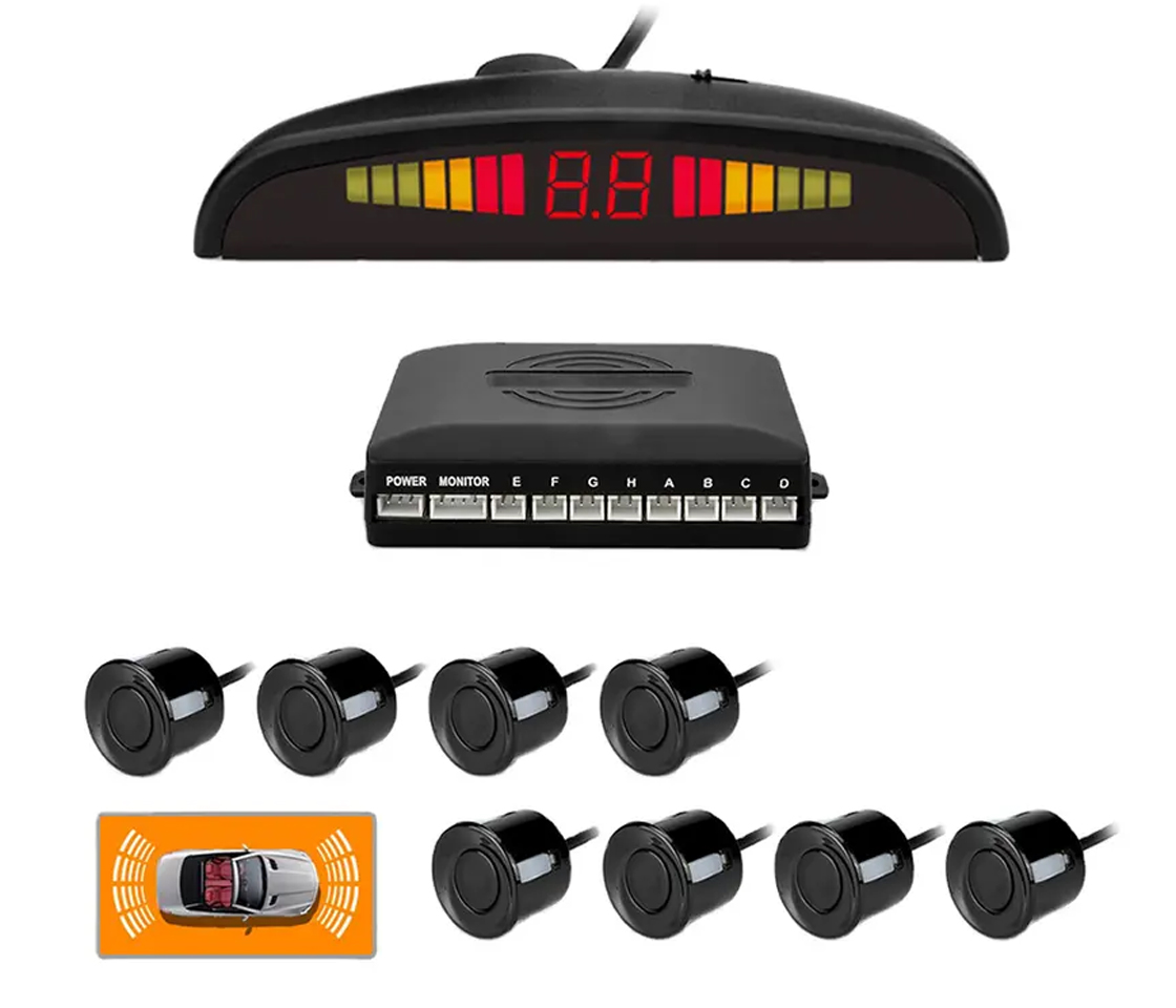 KIT 8 SENSORES ESTACIONAMENTO - COM DISPLAY - PRETO - FRENTE + TRÁS 