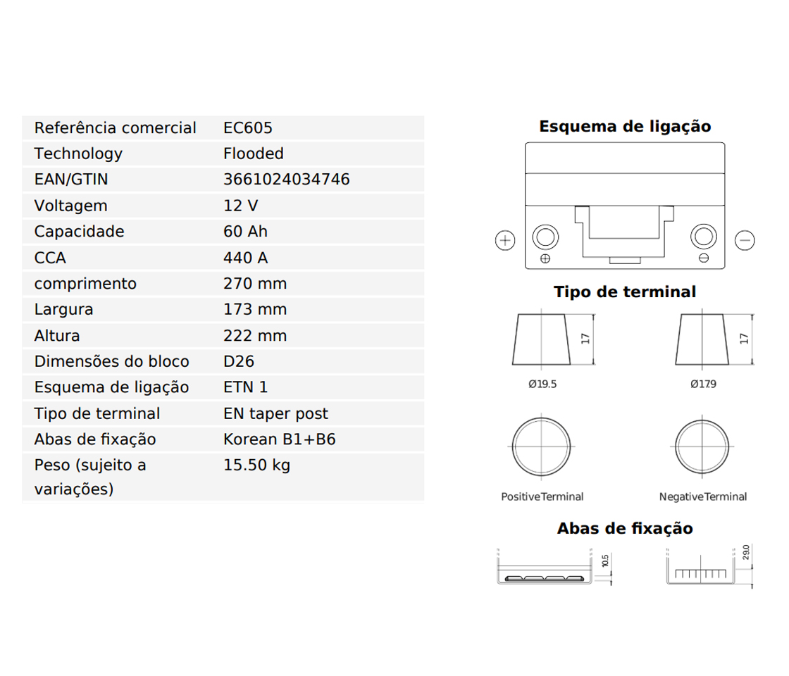BATERIA  60AH 440A EXIDE CLASSIC D26E1