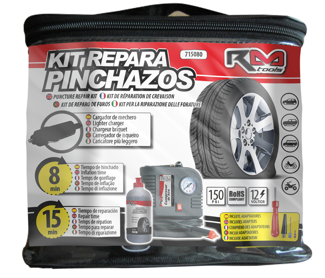 KIT REPARAÇÃO FUROS DE PNEUS 12V 150PSI