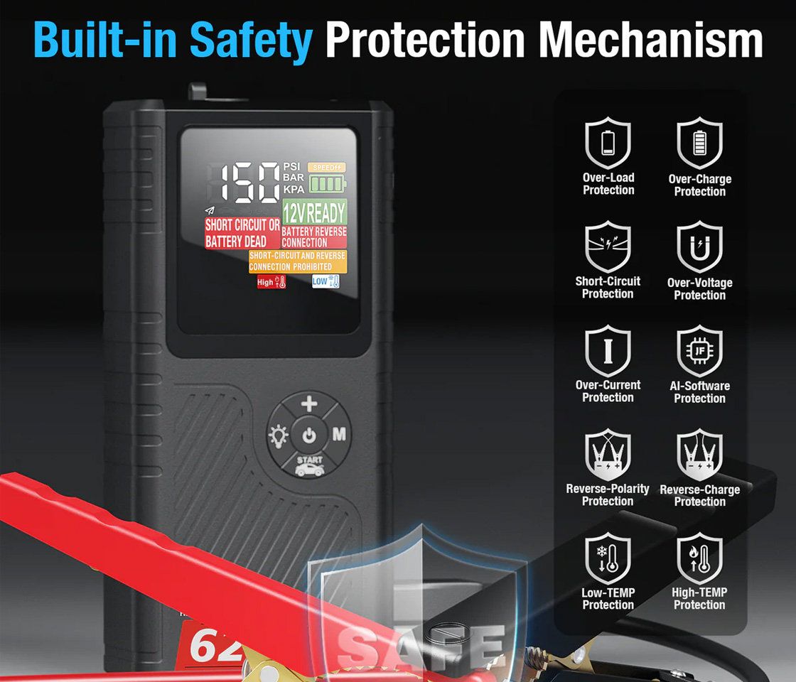 BOOSTER / JUMPSTARTER de ARRANQUE 2700A 12V JFEGWO CS02-PLUS 6250 COM COMPRESSOR DE AR