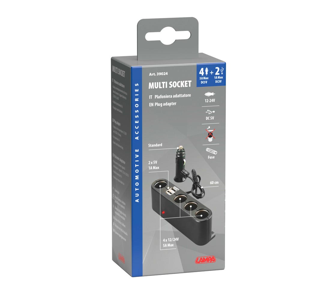 ADAPTADOR ISQUEIRO MULTI-SOCKET 4+2 12/24V COM USB LAMPA 39024