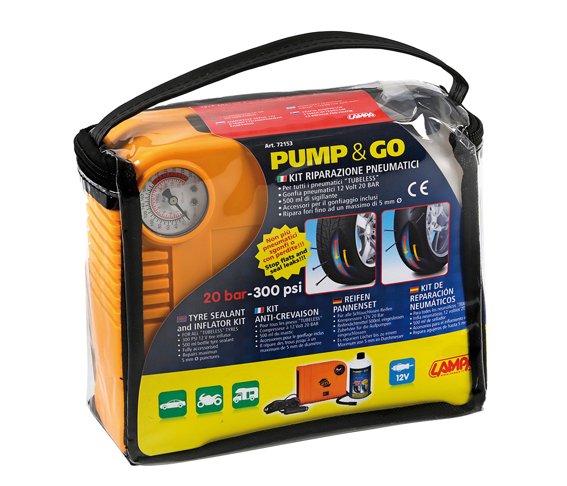 KIT REPARAÇÃO FURO PNEUS PUMP & GO 300 PSI COMPATÍVEL COM TPMS 72153 LAMPA